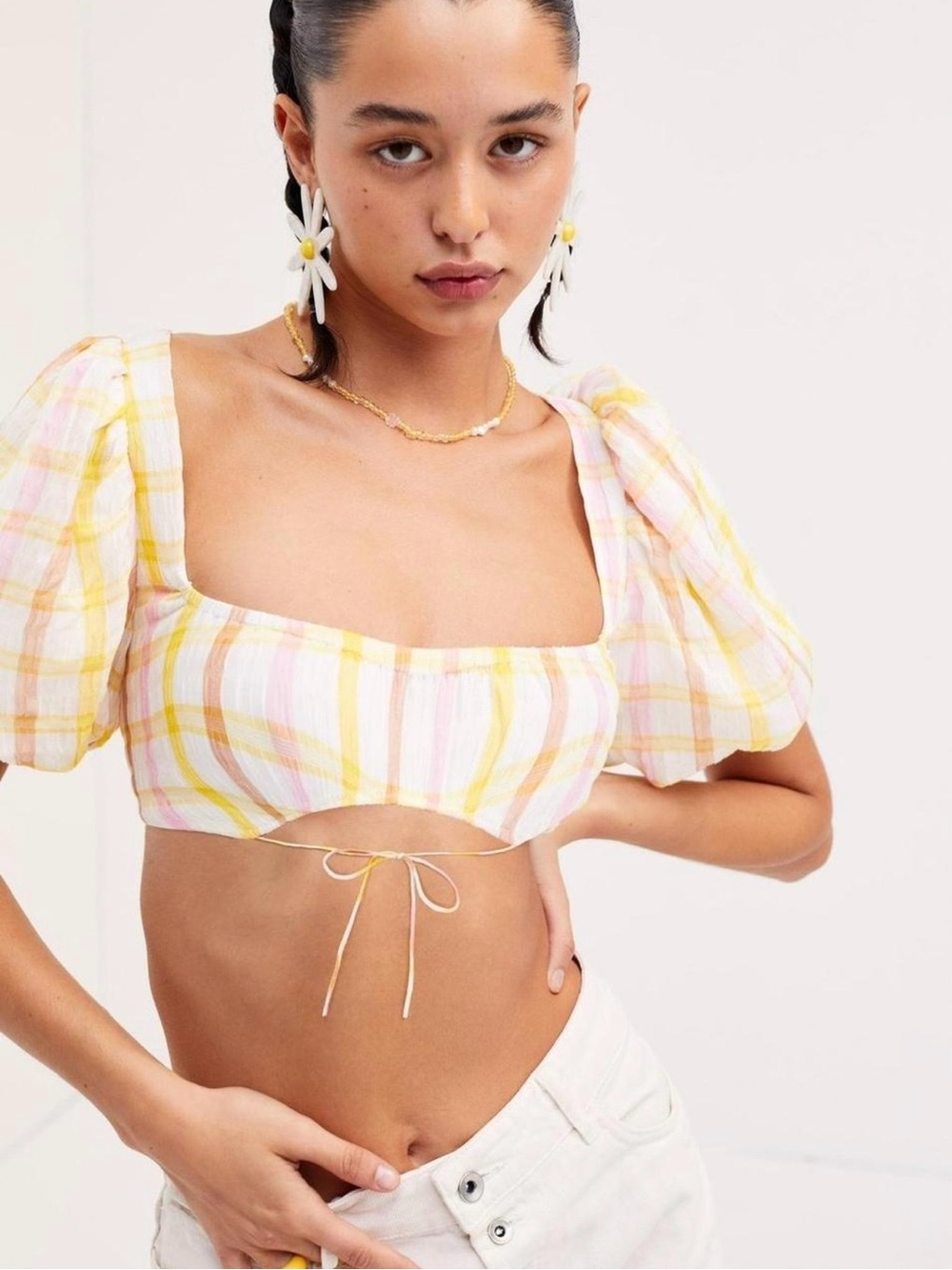 NWT For Love & Lemons ‘Rue’ Puff Sleeve Crop Top in Yellow & White Plaid Size S - Picture 1 of 16